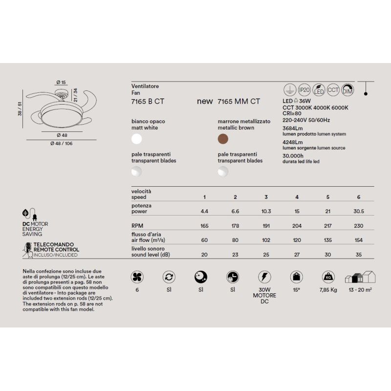 OPEN + VENTILATORE BIANCO O MARRONE D106 CM CON PALE A SCOMPARSA LED 36W LUCE CCT DIMMERABILE TELECOMANDO INCLUSO