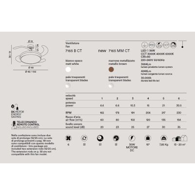 OPEN + VENTILATORE BIANCO O MARRONE D106 CM CON PALE A SCOMPARSA LED 36W LUCE CCT DIMMERABILE TELECOMANDO INCLUSO