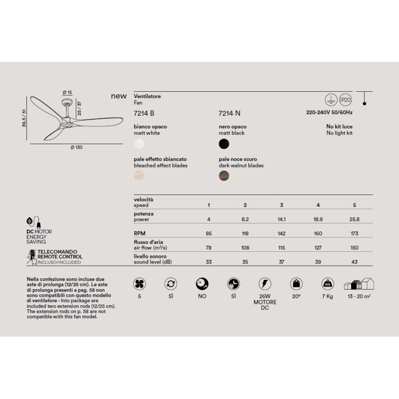 RUNA VENTILATORE SENZA LUCE CON 3 PALE IN LEGNO 2 COLORI D130 CM CON TELECOMANDO INCLUSO