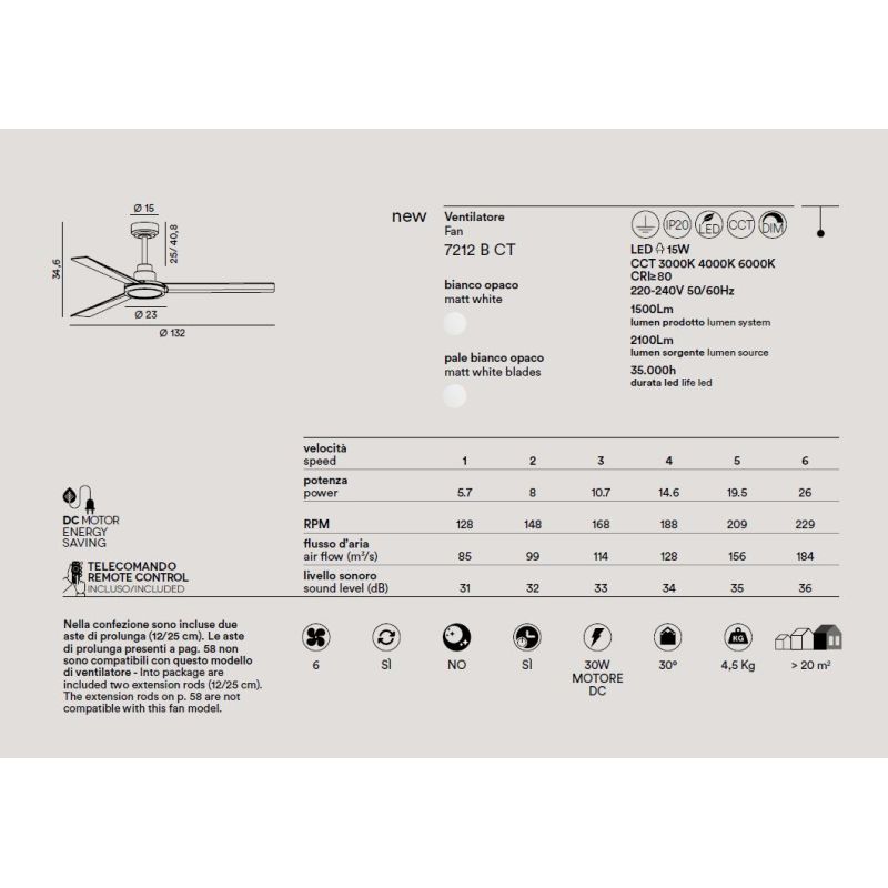 VENTO VENTILATORE BIANCO D132 CM 3 PALE LED 15W LUCE CCT DIMMERABILE TELECOMANDO INCLUSO