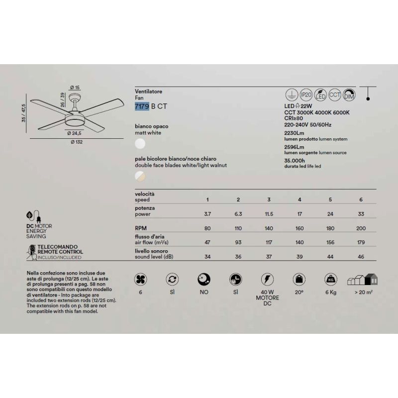 ORIONE VENTILATORE D132 CM CON 4 PALE REVERSIBILI LED 22W LUCE CCT DIMMERABILE TELECOMANDO INCLUSO