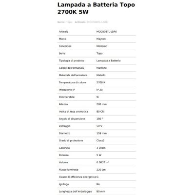 TOPO LAMPADA A BATTERIA RICARICABILE LED 5W LUCE 2700K TOUCH DIMMER, PORTA USB ORIENTABILE 4 COLORI