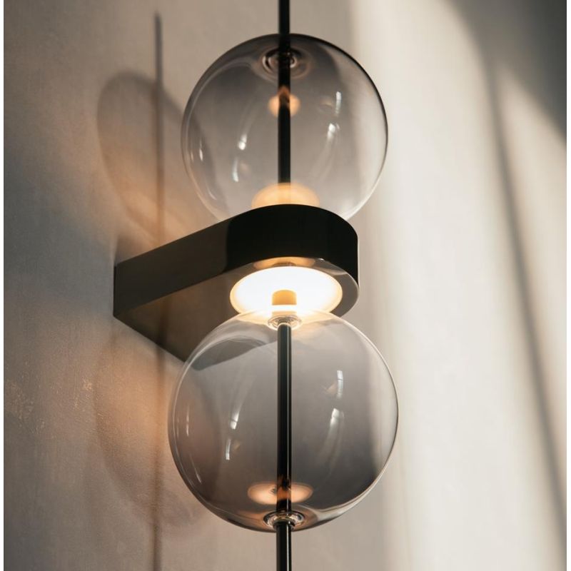 DOUBLE MOON APPLIQUE 2 LUCI CON SFERE FUME E BASE MAGNETICA NERA LED 8W LUCE 3000K DESIGN MODERNO