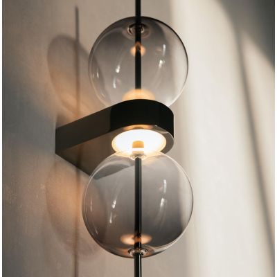 DOUBLE MOON APPLIQUE 2 LUCI CON SFERE FUME E BASE MAGNETICA NERA LED 8W LUCE 3000K DESIGN MODERNO