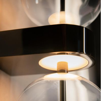 DOUBLE MOON APPLIQUE 2 LUCI CON SFERE FUME E BASE MAGNETICA NERA LED 8W LUCE 3000K DESIGN MODERNO