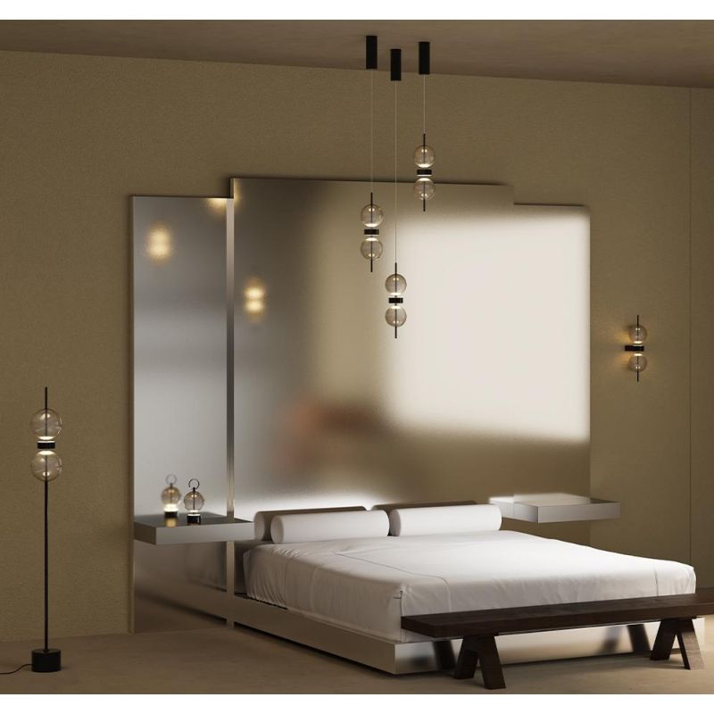 DOUBLE MOON APPLIQUE 2 LUCI CON SFERE FUME E BASE MAGNETICA NERA LED 8W LUCE 3000K DESIGN MODERNO