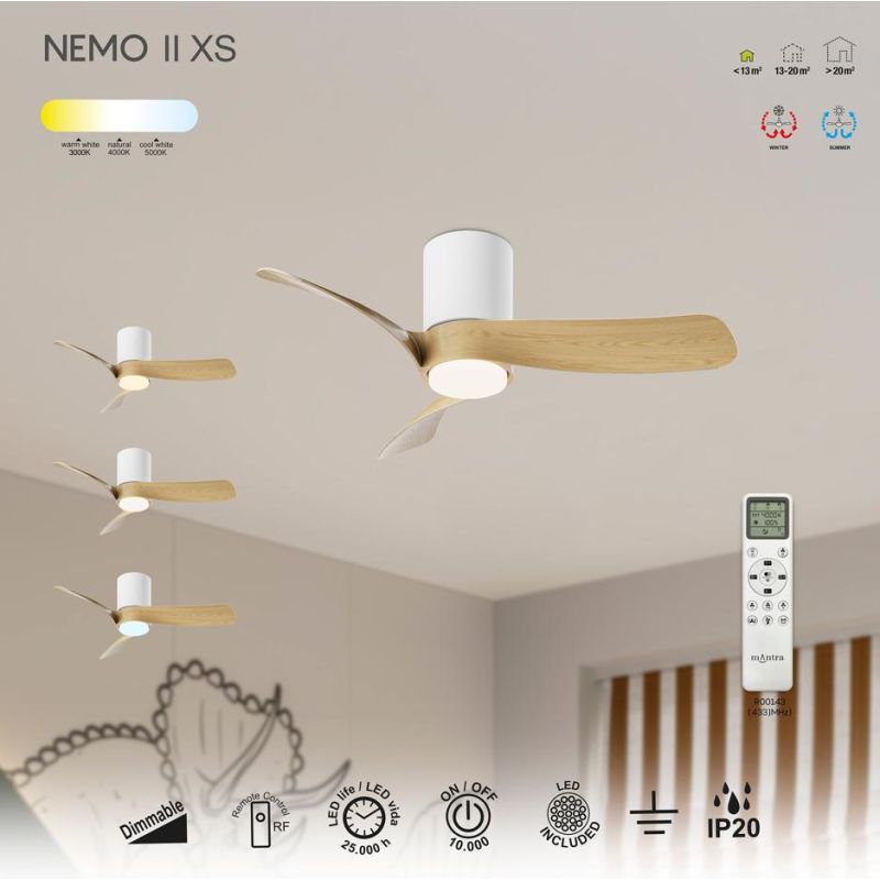 NEMO II VENTILATORE A 3 PALE D72 CM LED 15W LUCE DIMMERABILE 4 COLORI TELECOMANDO INCLUSO
