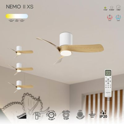 NEMO II VENTILATORE A 3 PALE D72 CM LED 15W LUCE DIMMERABILE 4 COLORI TELECOMANDO INCLUSO