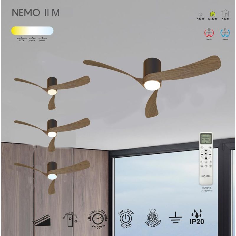 NEMO II VENTILATORE A 3 PALE D122 CM LED 19W LUCE DIMMERABILE 4 COLORI TELECOMANDO INCLUSO