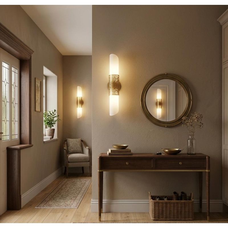VENERA APPLIQUE IN VETRO BIANCO CON ORNAMENTO IN METALLO OTTONE ALTEZZA 45 CM LAMPADINE ATTACCO E14