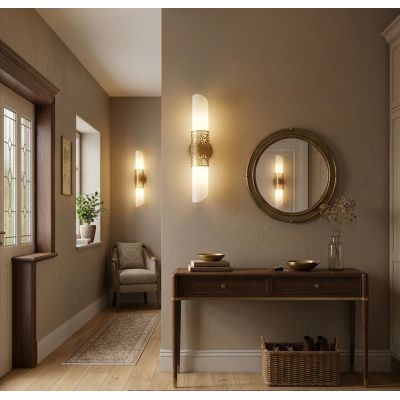 VENERA APPLIQUE IN VETRO BIANCO CON ORNAMENTO IN METALLO OTTONE ALTEZZA 45 CM LAMPADINE ATTACCO E14