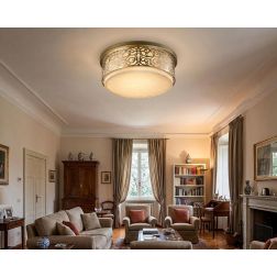 VENERA PLAFONIERA IN TESSUTO DI LINO CON ORNAMENTO IN METALLO FINITURA OTTONE D50 CM LAMPADINE ATTACCO E27 2