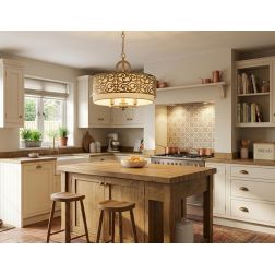 VENERA SOSPENSIONE IN METALLO FINITURA OTTONE CON PARALUME IN TESSUTO DI LINO D46 CM LAMPADINE ATTACCO E14 2