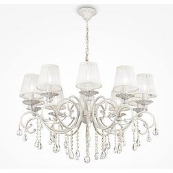 GRACE LAMPADARIO A BRACCI CLASSICO 10 LUCI IN METALLO BIANCO ANTICATO CON PARALUMI IN TESSUTO PLISSE BIANCO