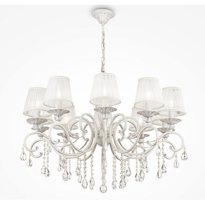 GRACE LAMPADARIO A BRACCI CLASSICO 10 LUCI IN METALLO BIANCO ANTICATO CON PARALUMI IN TESSUTO PLISSE BIANCO
