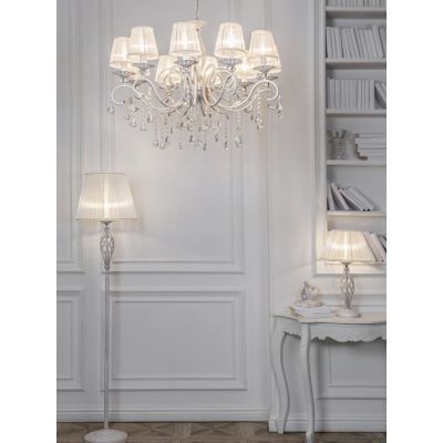 GRACE LAMPADARIO A BRACCI CLASSICO 10 LUCI IN METALLO BIANCO ANTICATO CON PARALUMI IN TESSUTO PLISSE BIANCO