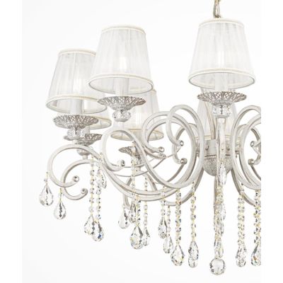 GRACE LAMPADARIO A BRACCI CLASSICO 10 LUCI IN METALLO BIANCO ANTICATO CON PARALUMI IN TESSUTO PLISSE BIANCO