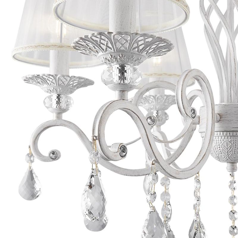 GRACE LAMPADARIO A BRACCI CLASSICO 6 LUCI IN METALLO BIANCO ANTICATO CON PARALUMI IN TESSUTO PLISSE BIANCO