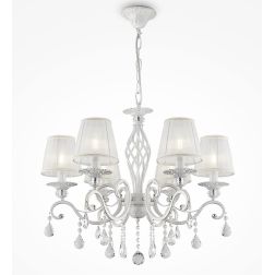 GRACE LAMPADARIO A BRACCI CLASSICO 6 LUCI IN METALLO BIANCO ANTICATO CON PARALUMI IN TESSUTO PLISSE BIANCO