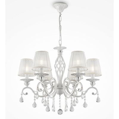 GRACE LAMPADARIO A BRACCI CLASSICO 6 LUCI IN METALLO BIANCO ANTICATO CON PARALUMI IN TESSUTO PLISSE BIANCO