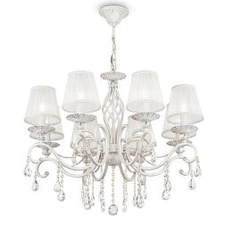 GRACE LAMPADARIO A BRACCI CLASSICO 8 LUCI IN METALLO BIANCO ANTICATO CON PARALUMI IN TESSUTO PLISSE BIANCO