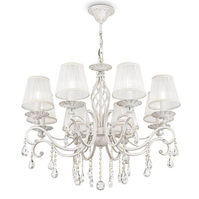 GRACE LAMPADARIO A BRACCI CLASSICO 8 LUCI IN METALLO BIANCO ANTICATO CON PARALUMI IN TESSUTO PLISSE BIANCO