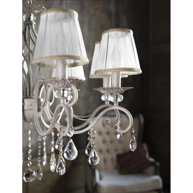 GRACE LAMPADARIO A BRACCI CLASSICO 8 LUCI IN METALLO BIANCO ANTICATO CON PARALUMI IN TESSUTO PLISSE BIANCO