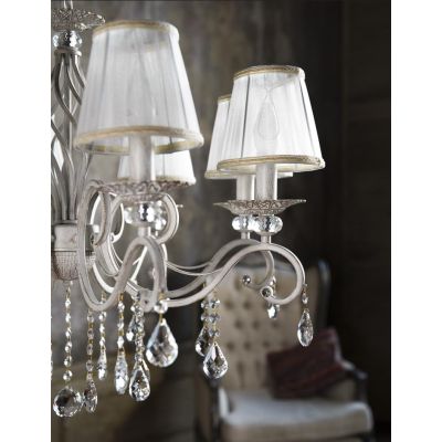 GRACE LAMPADARIO A BRACCI CLASSICO 8 LUCI IN METALLO BIANCO ANTICATO CON PARALUMI IN TESSUTO PLISSE BIANCO
