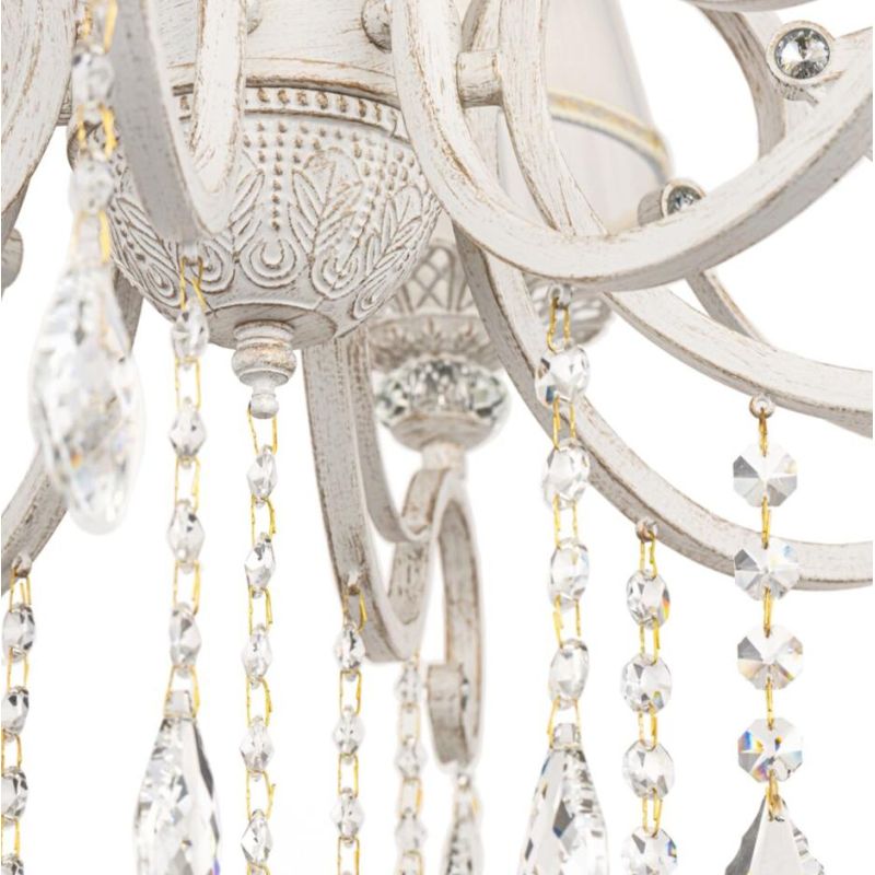 GRACE LAMPADARIO A BRACCI CLASSICO 8 LUCI IN METALLO BIANCO ANTICATO CON PARALUMI IN TESSUTO PLISSE BIANCO