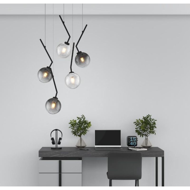 L-LINE SOSPENSIONE 5 LUCI RETTANGOLARE NERA CON VETRI COLORATI LAMPADINE E27 ORIGINALE E MODERNA