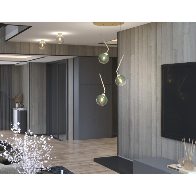 L-LINE SOSPENSIONE ROTONDA 3 LUCI SABBIA CON VETRI VERDI LAMPADINE E27 ORIGINALE E MODERNA