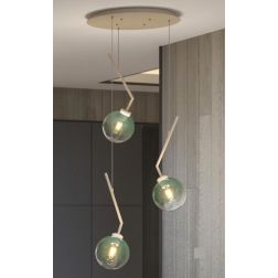L-LINE SOSPENSIONE ROTONDA 3 LUCI SABBIA CON VETRI VERDI LAMPADINE E27 ORIGINALE E MODERNA