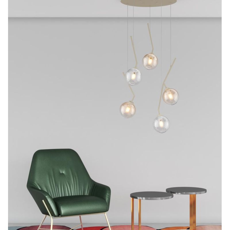 L-LINE SOSPENSIONE ROTONDA 5 LUCI SABBIA CON VETRI COLORATI LAMPADINE E27 ORIGINALE E MODERNA