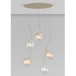 L-LINE SOSPENSIONE ROTONDA 5 LUCI SABBIA CON VETRI COLORATI LAMPADINE E27 ORIGINALE E MODERNA