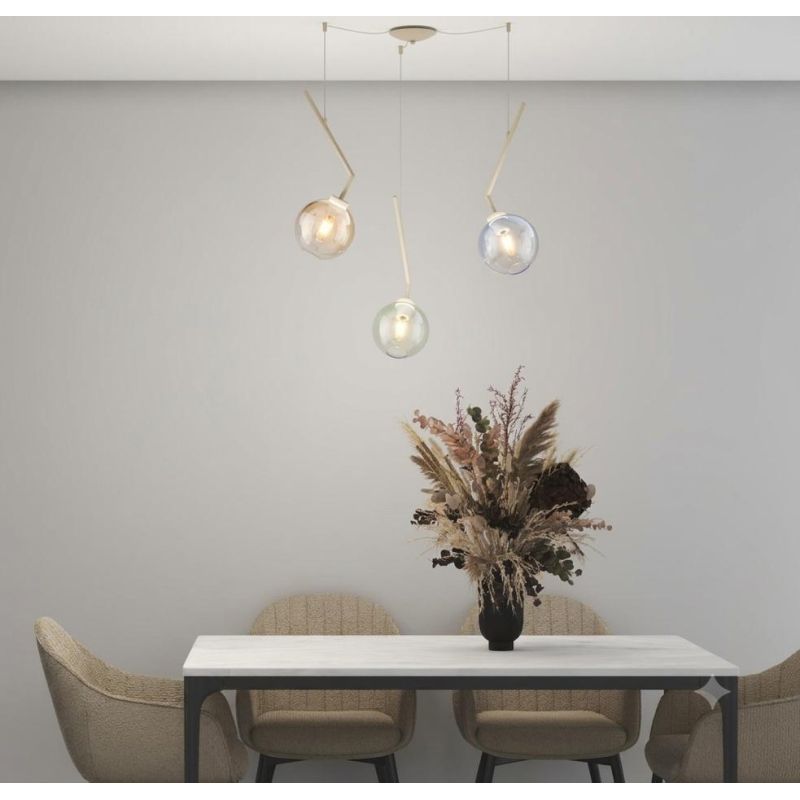 L-LINE SOSPENSIONE 3 LUCI DECENTRATA SABBIA CON VETRI COLORATI LAMPADINE E27