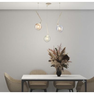 L-LINE SOSPENSIONE 3 LUCI DECENTRATA SABBIA CON VETRI COLORATI LAMPADINE E27