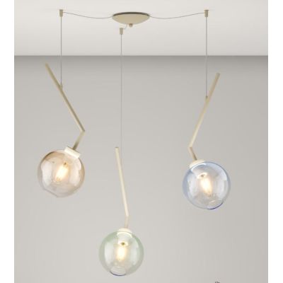 L-LINE SOSPENSIONE 3 LUCI DECENTRATA SABBIA CON VETRI COLORATI LAMPADINE E27
