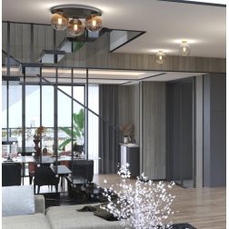 L-LINE PLAFONIERA ROTONDA 3 LUCI D50 CM NERA CON VETRI FINITURA BRONZO LAMPADINE E27 2