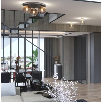 L-LINE PLAFONIERA ROTONDA 3 LUCI D50 CM NERA CON VETRI FINITURA BRONZO LAMPADINE E27