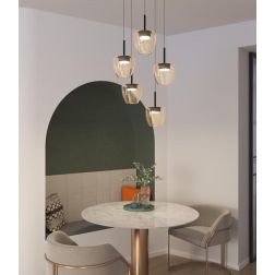 KYLIE SOSPENSIONE ROTONDA D40 CM OTTONE CON DIFFUSORI IN VETRO AMBRA LAMPADINE ATTACCO GX53 MODERNA 2