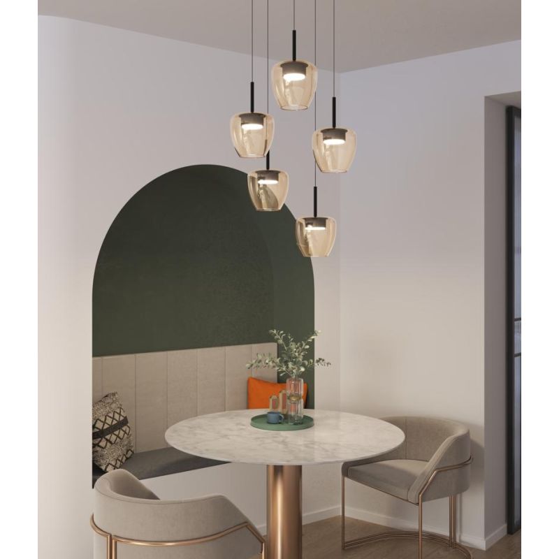 KYLIE SOSPENSIONE ROTONDA D40 CM OTTONE CON DIFFUSORI IN VETRO AMBRA LAMPADINE ATTACCO GX53 MODERNA