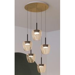 KYLIE SOSPENSIONE ROTONDA D40 CM OTTONE CON DIFFUSORI IN VETRO AMBRA LAMPADINE ATTACCO GX53 MODERNA