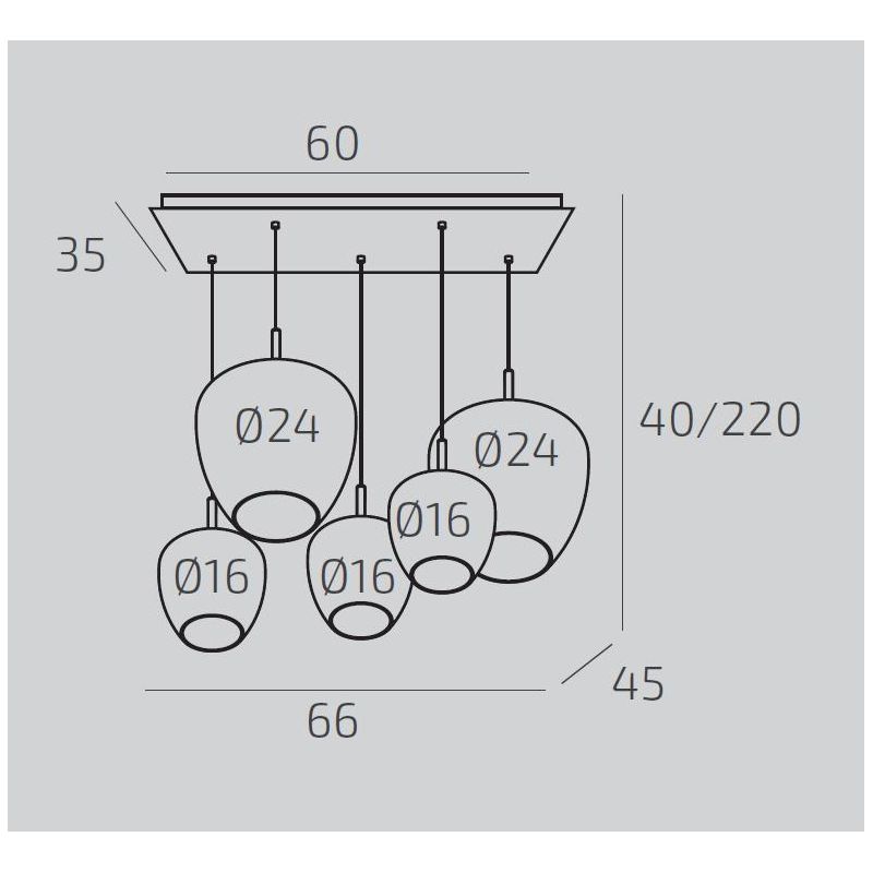KYLIE SOSPENSIONE RETTANGOLARE 5 LUCI SABBIA CON DIFFUSORI IN VETRO FUME LAMPADINE ATTACCO GX53 MODERNA