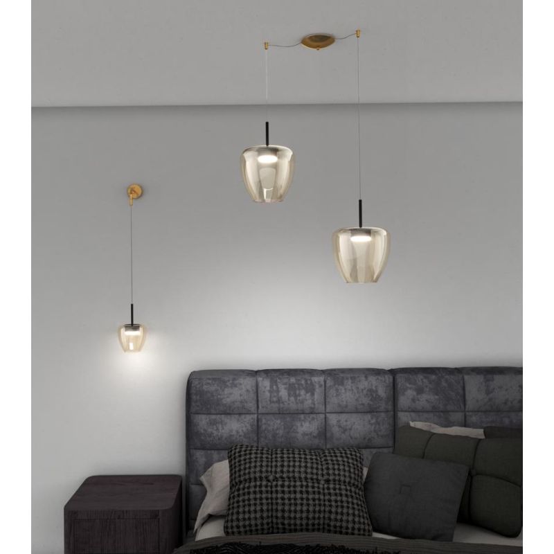 KYLIE SOSPENSIONE 2 LUCI CON DECENTRO OTTONE CON DIFFUSORI IN VETRO AMBRA LAMPADINE ATTACCO GX53 MODERNA