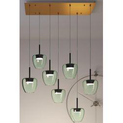 KYLIE SOSPENSIONE RETTANGOLARE 7 LUCI OTTONE CON DIFFUSORI IN VETRO VERDE LAMPADINE ATTACCO GX53 MODERNA