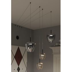 KYLIE SOSPENSIONE 4 LUCI DECENTRATA NERA CON DIFFUSORI IN VETRO COLORATO E LAMPADINE ATTACCO GX53 MODERNA