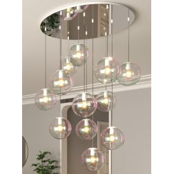 IRIS LAMPADARIO 12 LUCI CROMO D80 CM CON SFERE IN VETRO IRIDESCENTE LAMPADINE ATTACCO E27 DESIGN MODERNO