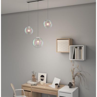 IRIS SOSPENSIONE LINEARE 3 LUCI NERA CON SFERE IN VETRO IRIDESCENTE LAMPADINE ATTACCO E27 MODERNO