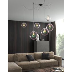 IRIS SOSPENSIONE 6 LUCI DECENTRATA NERA CON SFERE IN VETRO IRIDESCENTE LAMPADINE ATTACCO E27 MODERNO 2