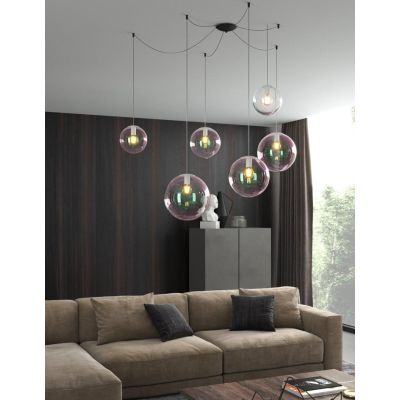 IRIS SOSPENSIONE 6 LUCI DECENTRATA NERA CON SFERE IN VETRO IRIDESCENTE LAMPADINE ATTACCO E27 MODERNO